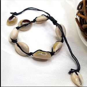 Bohemian puka cream sea shell black Rope corded cowrie ankle bracelet